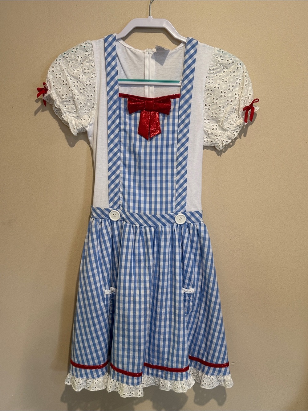Wizard of Oz Dorothy Girls Blue Gingham Dress with Red Bow - Halloween Costume